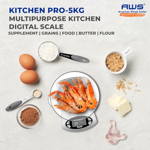 AWS Kitchen Pro 0.1g/0.001oz Precision Food Scale 5kg/11lb Digital Bowl Scale with Tempered Glass, | 2.72L Dishwasher-Safe Bowl, Tare, Timer, Clock & Room Temperature Display | Ultra Cooking Scale - size: 5000g x 1g