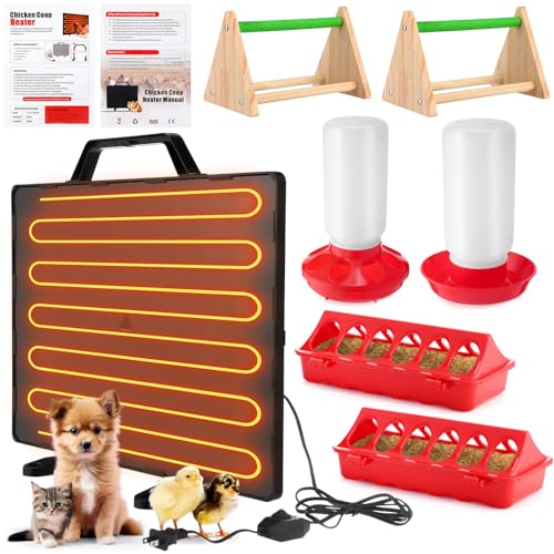 VIHOSE Chicken Coop Heater Chick Starter Kit Include 160w Adjustable Radiant Heat Panel 0.8 Gal Chicken Waterer and 2.9 Lbs Feeder and Chick Perch Flip Top Poultry Feeder