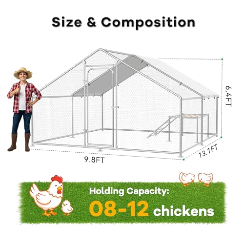 Large Metal Chicken Coop with Roosting Ladder, UV-Resistant and Waterproof Cover, Outdoor Walk-in Cage Hen House for Yard Farm Rabbit Duck Chicken Run, Spire Roof (13.1'W x 9.8'L x 6.4'H)