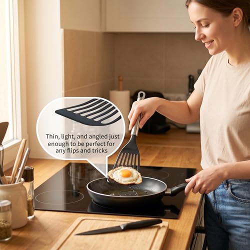 Thin Flexible Fish Spatula for Nonstick Cookware, Black | Egg Flipper Turner w/Hollow Steel Handle, Slotted Angled LFGB Complaint Nylon Blade, Dishwasher Safe, Silver Handle - size: Medium (1 Pack)