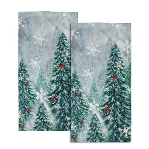 Winter Christmas Trees Hand Towels Set of 2, 28x14 Inch Nature Green Forest Mountain Birds Decorative Fingertip Towel Soft Absorbent Dish Cloths for Guest Gym Yoga Home Decor - color: Snow Green Forest
