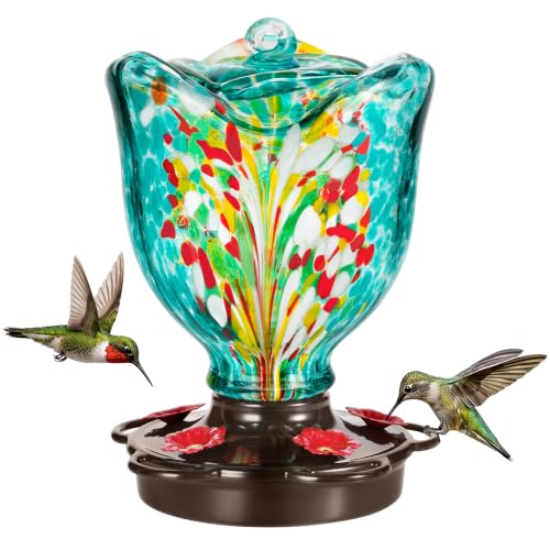 LUJII Rose Shaped Hummingbird Feeder for Outdoor Hanging, Hand-Blown Glass, 25 fl.oz, Leak-Proof and Rustproof, with Ant Moat and 5-Port Metal Cover, Teal - color: Teal