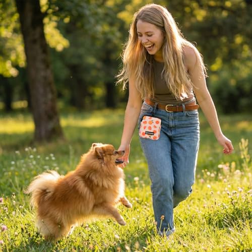 Dog Treat Pouch with Training Clicker,Waterproof Nylon Fabric Poop Bag Holders for Leashes,Hands Free Small Dog Walking Bag with Carabiner, Pet Puppy Training Walking Essentials(Grapefruit) - color: Grapefruit