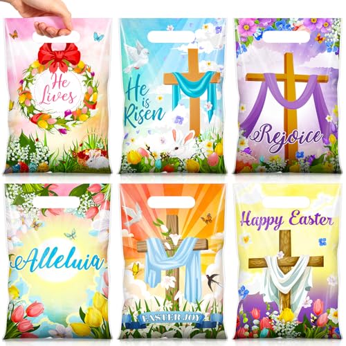 Honeydak 60 Pcs Religious Easter Treat Bags Plastic Easter Candy Treat Goodie Cookie Bags Christian Cross Party Favors for Spring Sunday School Church Party Supplies