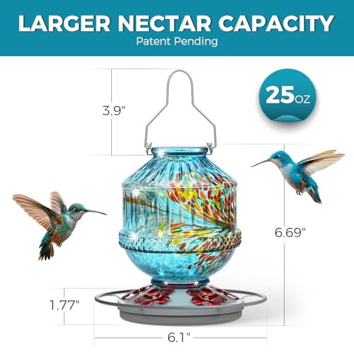 Hand Blown Glass Hummingbird Feeders for Outdoors, 25 Ounces Wild Bird Nectar Feeder with Perch & 5 Flower Feeding Ports Leak Proof Hanging for Garden Backyard Decor, Gifts for Women Mom, Blue - color: Phoenix Blue