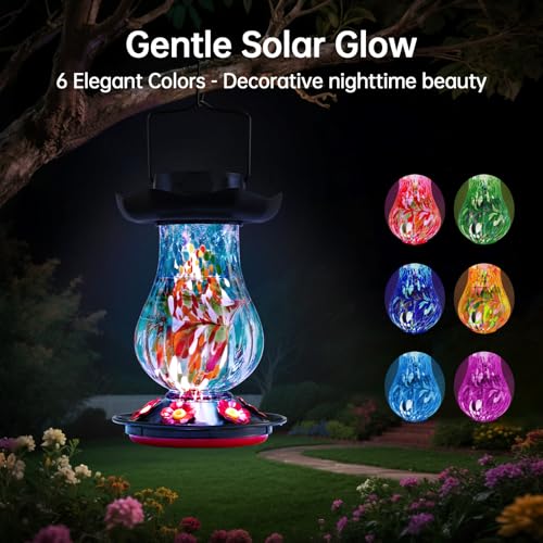 DesGully Solar Hummingbird Feeder for Outdoor - 25 fl.oz Hand Blown Glass Hummingbird Feeders for Outdoors Hanging, Large Capacity with Moat, 6 Colors Changing Light Outside Garden Decor (Blue) - color: Blue
