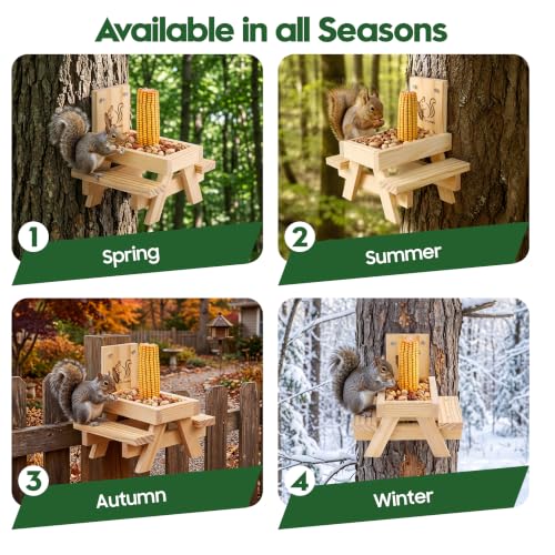 Squirrel Feeder for Outside and Garden, Funny Squirrel Picnic Table Feeder with Corn Cobs Holder and Peanut Tray, Quick Assembly Required