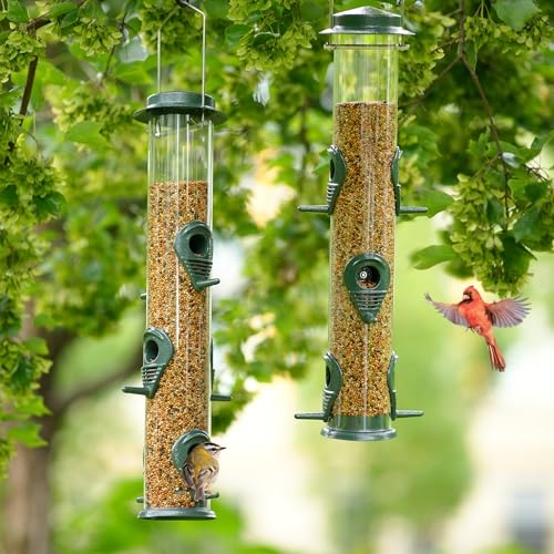 2PK Metal Bird Feeders with 6 Feeding Ports,Tube Bird Feeder with Steel Hanger,Wild Bird Feeder for Outdoors Hanging, Attracting Birds in Your Lawn, Garden, Balcony (Green) - color: Green 2 PACK