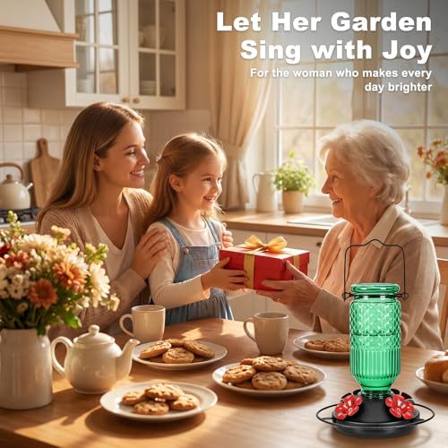 Glass Hummingbird Feeder, 16oz Outdoor Hanging Bird Feeder with Ant Moat, 4 Bee-Proof Feeding Ports, 360° Perch, Leak-Proof, Green - color: Green