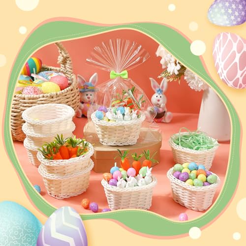 Cinnvoice 24 Sets Mini Easter Party Favor Supplies, Mini Easter Baskets with Eggs, Bunnies, Carrots, Grass & Opp Bags for Spring Egg Hunts, DIY Crafts (White) - color: White