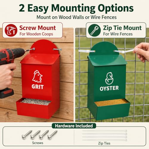 Chicken Grit and Oyster Shell Feeder 2 Pack, Oyster Shell for Chickens and Grit for Chickens Holder, No Waste Chicken Feeder with Rainproof Lids, Drain Holes, Wall Mounted Metal