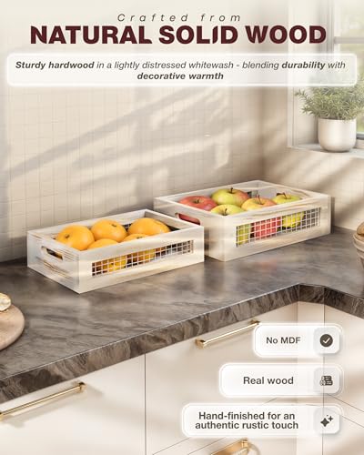 Wooden Countertop Baskets Set of 2 for Kitchen, Bathroom, Pantry|Wall Mount Upgrade with Full Accessories| Rustic Nesting Boxes|Wooden Organizer Crates for Fruit, Vegetables, Produce, Bread - color: White