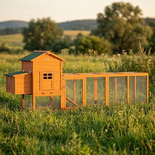 PawHut 118" Extra Large Chicken Coop Asphalt Roof for 3-6 Chickens Orange | Wooden Hen Run, Slide-Out Tray, Nesting Box, Hen Hutch - color: Orange