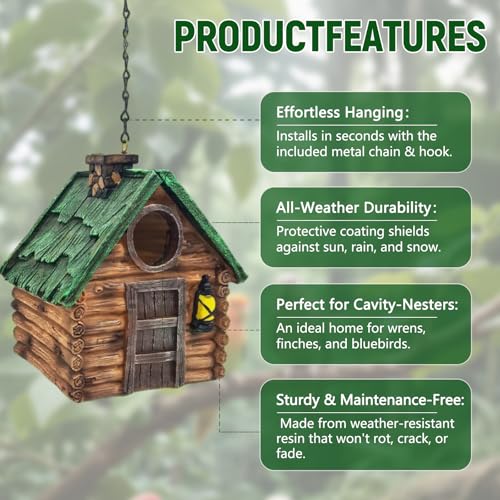 Rustic Hanging Bird House for Outside, Waterproof Resin Bluebird Nest Box | Ideal Nesting Shelter for Bluebird, Robin, Sparrow and Other Small Wild Birds, Backyard Landscape Decoration