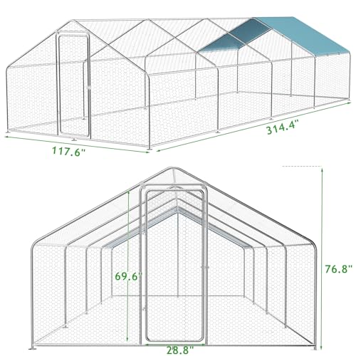 Chicken Coop Run, 26.25 x 9.8 x 6.4ft Metal Chicken Coop | Chicken Runs for Yard with Waterproof UV-Resistant Cover, Walk-in Outdoor Chicken Enclosure for Farm and Backyard - size: 314.4"L x 117.6"W x 76.8"H
