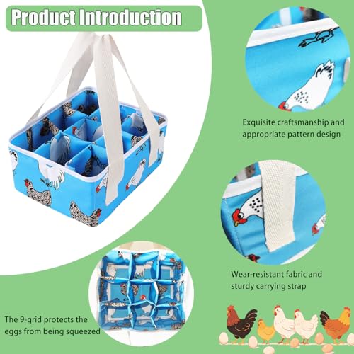 Eggs Collecting Basket, Durable Canvas Egg Basket with Plastic Board, 9-Pouch Chicken Egg Holder Bag for Gathering Fresh Eggs, Egg Gathering Basket and Multipurpose Chicken Holder Bag (Blue)
