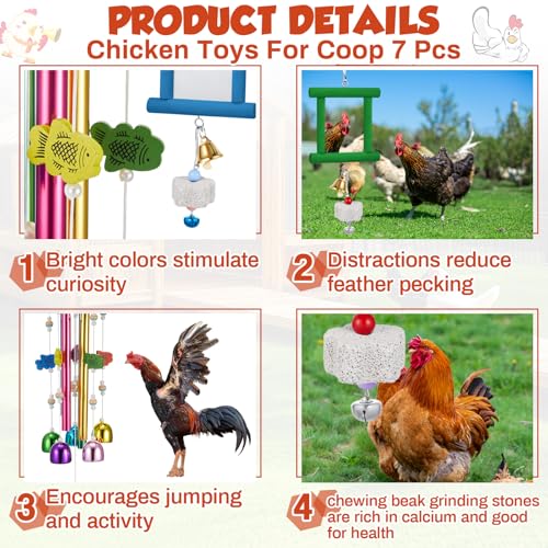 VioraWhite 7 Pcs Chicken Toys, Hanging Chicken Wind Chime, 2 Pcs Coop Mirror Toys with Bells 4 Pack Beak Grinding Stones, Musical Coop Accessories for Hen Rooster Chick Poultry Birds(Green, Blue) - color: Green, Blue