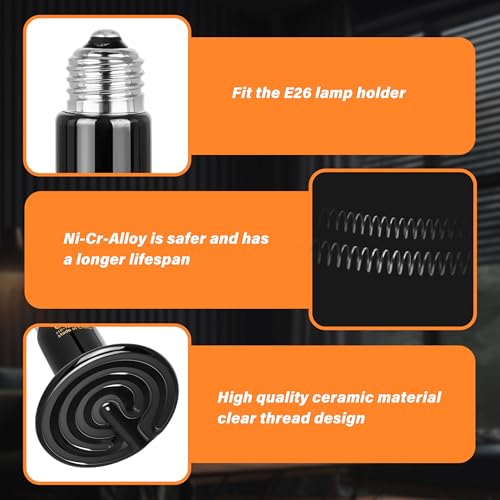 HealSmart Reptile Heat Lamp 75W 2-Pack Ceramic Heat Emitter, No Light Emitting Heat Bulbs for Amphibian Pet Brooder Coop Incubating Chicken, Lizard Bearded Dragon Turtle Snake Terrarium, Black - size: 75 Watts, style: D-75mm (2.95")
