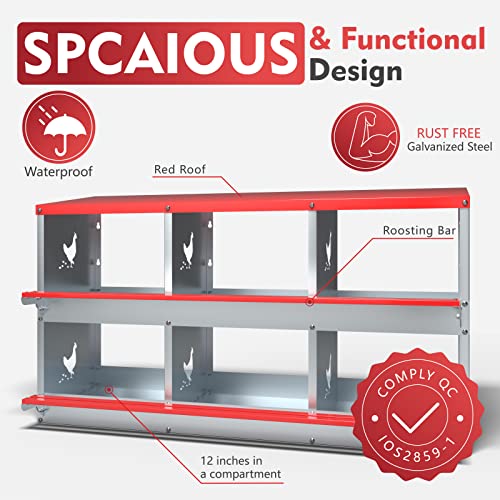 Chicken Nesting Boxes - 6 Compartment Metal Poultry Nest Box Wall Mount for Chickens, Hens, Ducks - Easy Egg Collection - Large Vented Holes Chicken Coop Equipment (6 Compartment)