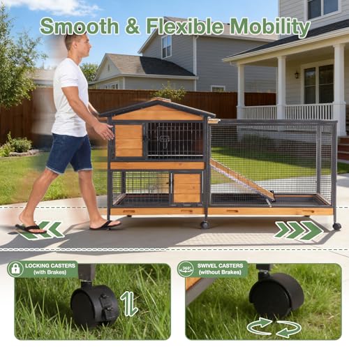 Large Rabbit Hutch Indoor Outdoor, Wooden Bunny Cage with Metal Frame, Chew-Proof Ramp, 3 Leakproof Pull-Out Trays, Rolling Wheels with Locks, Multi-Door Easy Access Small Animal Cage - color: Black-AIR19-X