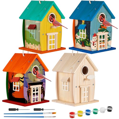 Liliful Wooden Bird House Kits, Build It Yourself Woodworking Kit for Adult Kids 4-8, 8-12 with Paint and Paintbrushes, Solid Weather Proof Natural Pine Wood, Pre Drilled(1 Pack,Rural Style) - style: Rural Style