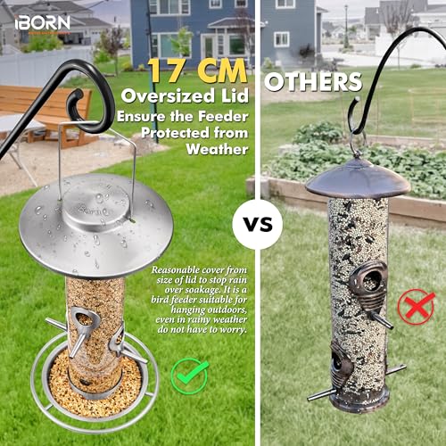 iBorn Metal Bird Feeder for Outside Hanging,Wild Bird Feeders for Cardinal,17cm Large Roof&Nickle,34.3CM Long,1.5lb Capacity 8 Ports (Seed is not Included) - color: nickle