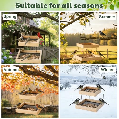 2 Pack Bird Feeder Platform 2 Tier Large Bird Feeder for Outdoors 10 Lbs Capacity in Total Natural Wood Hanging Tray for Garden Yard Outside Decoration Attracting for Wild Birds