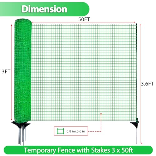 3'x50' Temporary Fence with Posts, Portable Dog Fence Outdoor for Yard | Green mesh with step-in posts, No assembly required, Fencing for yard, Garden fence animal barrier, Snow fence - color: Green, size: 3x50 ft