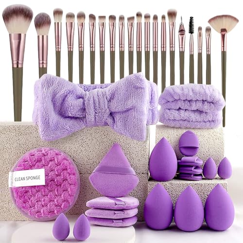 40 PCS Professional Makeup Brush Tools Set, Cosmetic Brush Sponge, Puff, Headband, Brush Cleaning Bow Set, Facial Makeup, Cleaning Accessories, Makeup Products, Valentine Day Item (Purple-40PCS) - color: Purple-40PCS