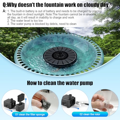 Solar Fountain Work On Cloudy Day,Solar Water Bird Bath Fountain with Faster Conversion Glass Solar Panel and Power Indicator,Built-in 2000mAh Battery,Outdoor Garden Decor(Black Panel)
