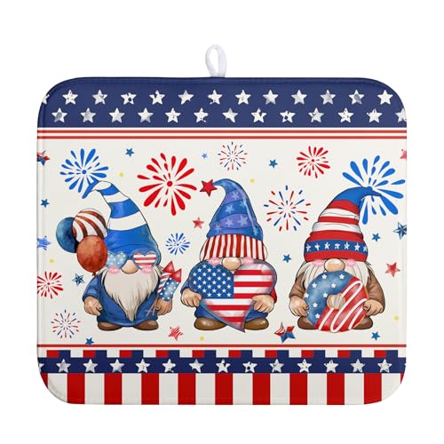 Patriotic Gnome Drying Mat 16x18 Inch American Memorial Day Independence Day Microfiber Dish Drainer Super Absorbent Dish Rack Mat for Kitchen Counter Holiday Decor - color: 4th of July Dish Drying Mats-A5-1, size: 16" x 18"