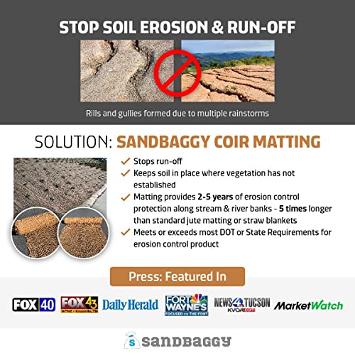 Sandbaggy Coir Mat | Erosion Control Product for Stopping Soil Erosion on Hillsides, Riverbanks & Oceanfront | Lasts 5X Longer Than Straw Blanket | Lasts 2-5 Yrs (Homeowner Size - 4 ft by 80 ft Roll) - size: 4 ft by 80 ft Roll Size or 320 sq ft