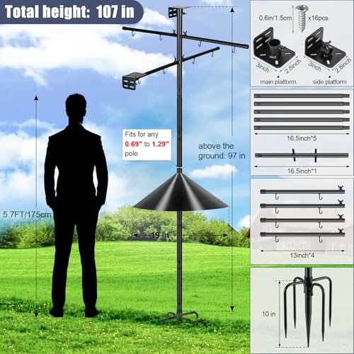 Gtongoko Squirrel Proof Smart Bird Feeder Pole for Outdoors 107 Inch 1 Inch Diameter Bluebird House Pole with 2 Platform and 8 Hooks for Bird Feeder with Camera Adjustable Heavy Duty Mounting Pole - color: 107 Inch with Baffle