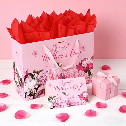 Mothers Day Gift Bag(13.8x9.8x4.2 Inch) with Tissue Paper Greeting Card Large Pink Flower Paper Bags Happy Mother's Day Celebration Gift Wrap Unique Floral Goodie bag Pouch Baggies Mom for Grandma - color: Mothers Gift Bag