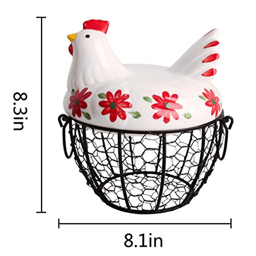 Kitchen Storage Metal Wire Egg Basket with Ceramic Farm Chicken Cover Fresh Egg Holder/Organizer Case/Container - color: red with black basket