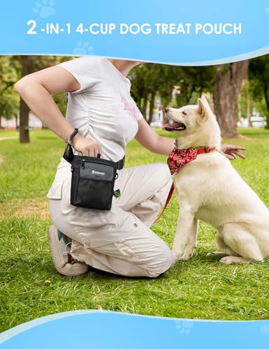 4 Cup Dog Treat Pouch with Silicone Insert Bag& Clicker(Gray) | 2 Pair Magnetic Closures, Belt Clip/Waist Belt/Crossbody Wear, Zipper Pocket Poop Bag Holder for Pet Training/Daily Walking - color: Gray