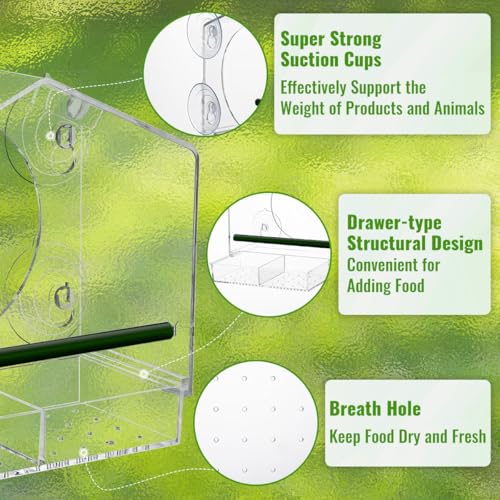 Window Bird Feeder with Strong Suction Cups - Slide-Out Tray | House shaped clear acrylic, 2.36" large suction cups, bird feeder for window viewing, birdwatching gift for parents - color: blue, size: 3.94IN