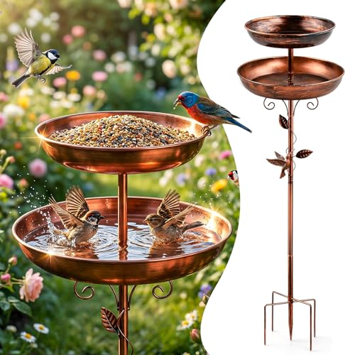Metal Bird Bath for Outside, 47'' Adjustable Standing Bird Feeder for Outdoors, 2 in 1 Metal Birdbaths & Birdfeeder, Vintage Bird Bath Feeder Bowl, Bird Baths Water Bowl with Stable 5-Pronged Base