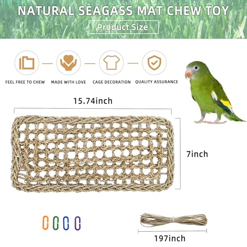 Bird Seagrass Mat 16 × 7" Parrot Natural Grass Woven Net Hammock Parakeet Climbing Rope Ladder Mat Chew Toys Cage Accessories for Pigeon Cockatiel Conure Budgie Cockatoo Rat Hamster - size: 16" × 7"