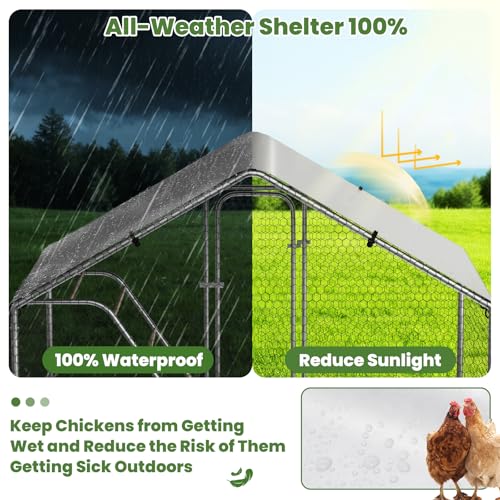 Large Metal Chicken Coop Run with Roosting Perch | Spire roof walk-in chicken cage with waterproof UV-resistant cover, 10' W x 4.9' L x 6.4' H enclosure - size: 59.9"L x 118.0"W x 78.0"H