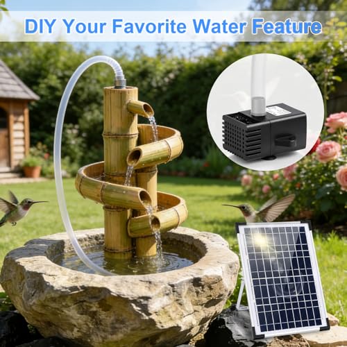12W Solar Fountain Pump for Water Feature Outdoor DIY, Solar Water Fountain 132 GPH with 9.84FT Power Cable, 6 Spray Nozzles, 3.28FT DIY Tubing for Garden, Pond, Bird Bath - color: Black