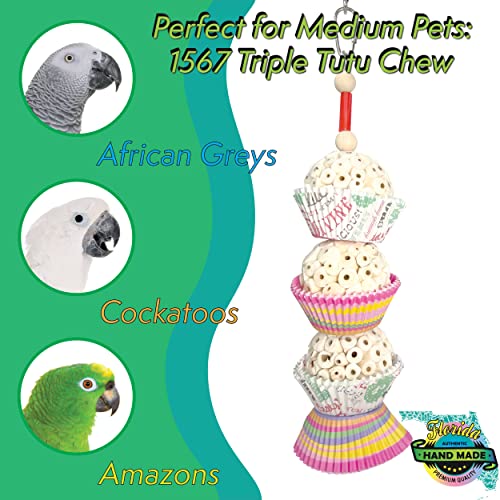 1567 Triple Tutu Chew - Handcrafted Sola Wood Bird Toy, Lightweight, Bakery Grade Cup Cake Cups, Shreddable sola Wood Ball, Ringing Bell on Bottom, Easy for Small to med Size pet Birds to Play with - size: Triple Tutu