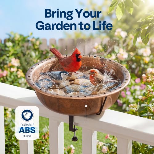 VIVOHOME Deck-Mounted Bird Bath with Adjustable Metal Clamp, Bronze | Weather-Resistant ABS, 1.45-Gallon Capacity, for Railing/Fence/Balcony, Bird-Friendly, Easy to Clean - color: Bronze, size: Birdbath Only