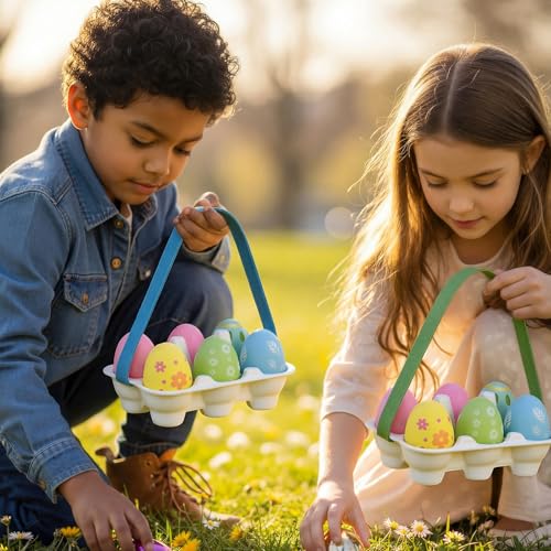 24 Pack Easter Egg Cartons with Colorful Handles, 6 Count Reusable Egg Holder Container Basket, Half Dozen Cardboard Decor Carton for Easter Outdoor Activities DIY Crafts Gifts Projects