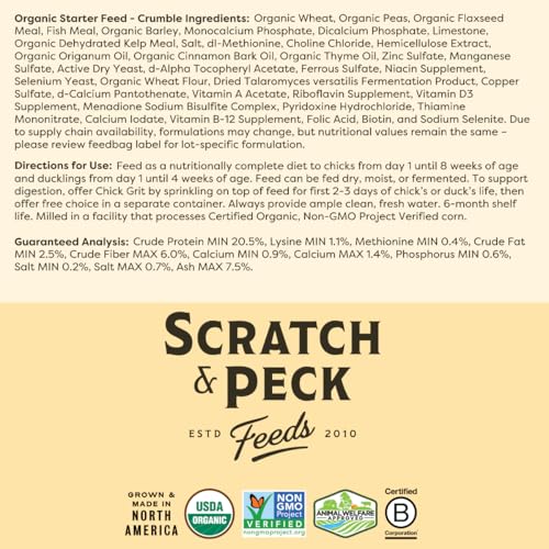 Scratch and Peck Feeds | Starter Crumbles for Chickens & Ducks | 25 lb Bag | 20.5% Protein, Corn & Soy Free, Certified Organic & Non-GMO Project Verified, Complete Nutrition - size: 25 Pound (Pack of 1), style: Starter