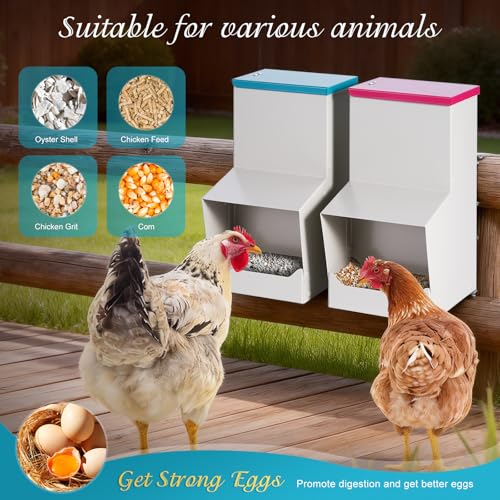 2PCS Metal Automatic Chicken Feeder, Wall Mount Hanging Poultry Feeder Dispenser with 2 Ports, 7lb Chicken Grit and Oyster Shell Feeder Trough No Waste for Outside Coop Quail Ducks Turkeys