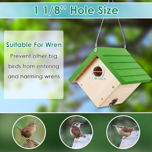 Dreyoo 2 Pack Wren House, 1-1/8'' Entrance Hole Hanging Wooden Wren Bird Houses for Outside with Metal Guard, Air Vents, Pine Wood for Chickadees (Green,Wood Color) - color: Green, Wood Color