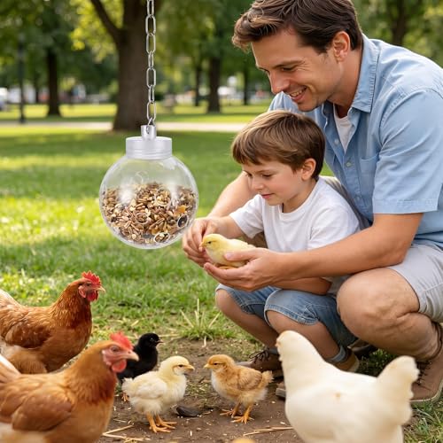 2 Pcs Chicken Treat Dispenser Interactive Slow Feeder Hanging Chicken Treat Ball with Chain Pecking Toys for Hens, Poultry Coop Accessories