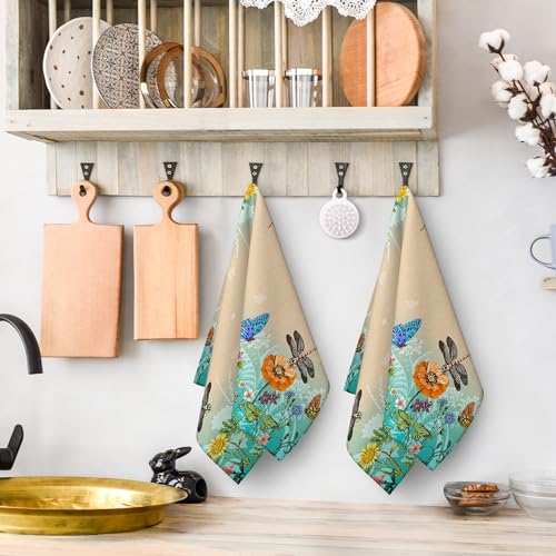 Dragonfly Floral Kitchen Towel Decorative Set of 2 Tea Towel 16"x24" | Soft Absorbent Spring Summer Kitchen Decor Bloom Flowers Dish Towels for Kitchen Drying Farmhouse Bathroom Home Decor - color: Dragonfly Floral