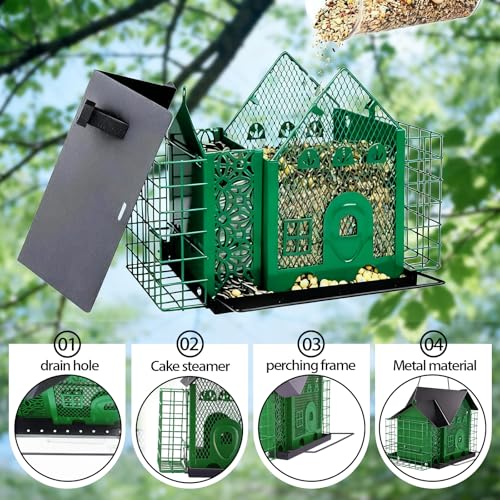 Outdoor Hanging Bird Feeder Large Capacity Durable and Sturdy Decorative Metal Bird Feeder Green and Black Two-Tone Waterproof Design with Sloped Tray Easy-Fill Wild Bird House (Green)